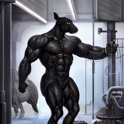 Image similar to splash art of a herculean black - coated anthropomorphic horse supersoldier with an exaggeratedly buff physique in a research facility wearing a combat kevlar outfit, detailed clothes, highly detailed, furry, furaffinity, digital painting, artstation, illustration, art by artgerm, greg rutkowski, wlop