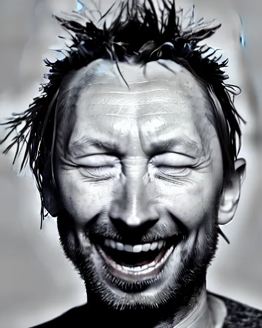 Prompt: a biomorphic portrait of thom yorke laughing, 4 k, octane high quality render