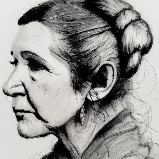 Image similar to a realistic yet scraggly portrait sketch of the side profile of a stern and sophisticated carrie fisher, trending on artstation, intricate details, in the style of frank auerbach, in the style of sergio aragones, in the style of martin ansin, in the style of david aja, in the style of mattias adolfsson