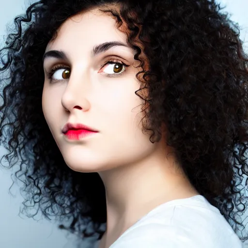 Image similar to portrait of a young lady with curly black hair with, round face, big brown eyes, volumetric lighting,