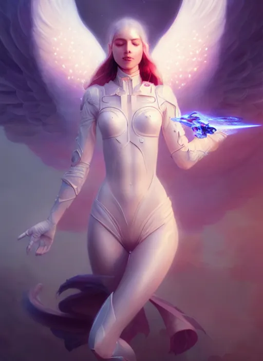 Prompt: portrait of beautiful angel girl with white wings in space, godlike, heavenly, 3 d render, hyper realistic detailed, scifi, fantasy, octane render, concept art, peter mohrbacher, artgerm, ruan jia, wlop, cyberpunk, dynamic lighting, detailed body, detailed face