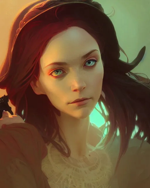 Image similar to highly detailed vfx portrait of a witch, unreal engine, greg rutkowski, loish, rhads, beeple, makoto shinkai and lois van baarle, ilya kuvshinov, rossdraws, tom bagshaw, alphonse mucha, global illumination, detailed and intricate environment