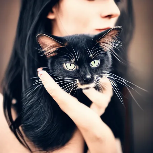Image similar to a girl with long messy dark hair, ( ( ( goth style ) ) ), shiny eyes, holding a cat in her arms, a stock photo by juan villafuerte, pexels contest winner, high quality photo, rtx, hd, rasquache