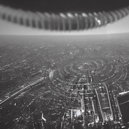 Image similar to A giant mechanical ring hovers horizontally above a city. The sky is dark and cloudy.