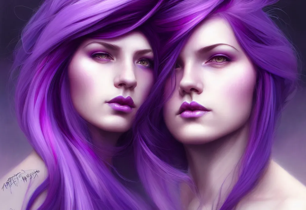 Image similar to Purple hair relistic Portrait of a two woman with bright colored flying hair, all shades of purple. Beauty face, Hair coloring, fantasy, intricate, elegant, highly detailed, digital painting, artstation, concept art, smooth, sharp focus, illustration, art by artgerm and greg rutkowski and alphonse mucha