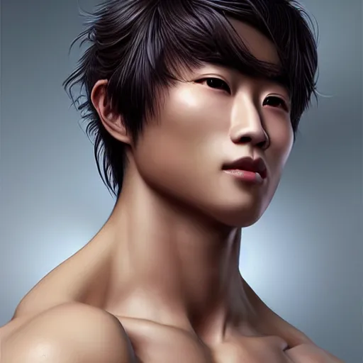 Image similar to a korean bodybuilder college boy, bokeh, beautiful face!!!!, 2 3 years old, cg animation, lifelike, animated, realistic, character select portrait, by artgerm, greg rutkowski, alphonse mucha, 3 d