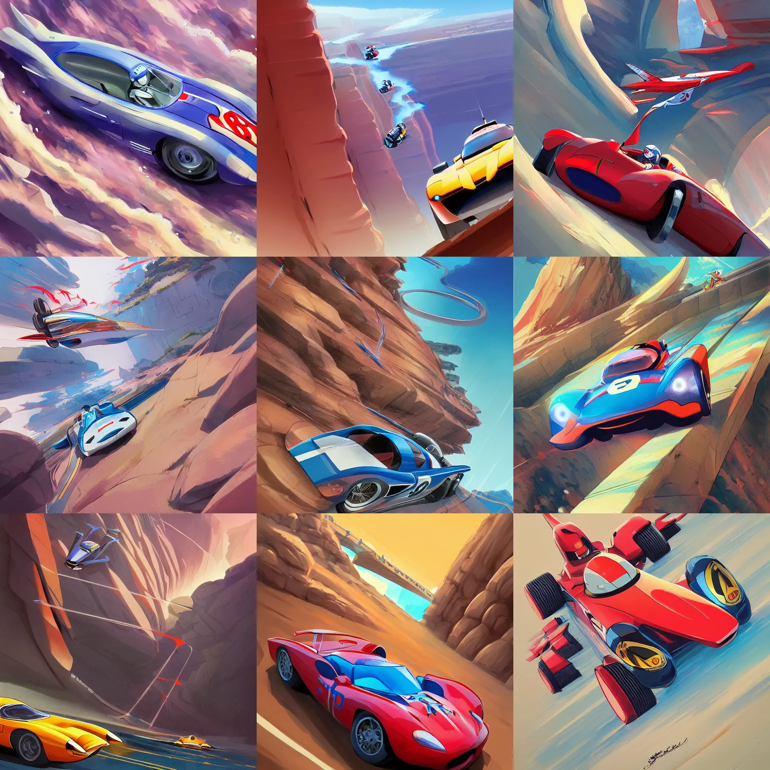 Image similar to speed racer's mach 5 racing over dangerous cliffs, studio ghibli studio key hideaki anno sakimichan stanley artgerm lau rossdraws james jean marc simonetti elegant highly detailed digital painting artstation pixiv