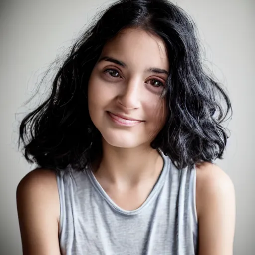 Image similar to young woman with shoulder - length messy black hair, slightly smiling, 1 3 5 mm nikon portrait