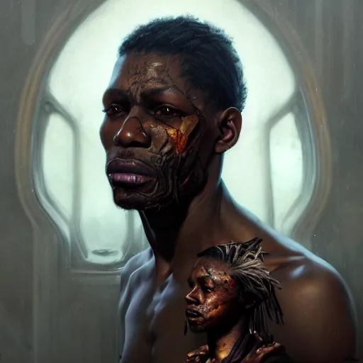 Prompt: portrait painting of a scarred african american man with cropped hair wearing a tattered and feathered coat, ultra realistic, concept art, intricate details, eerie, highly detailed, photorealistic, octane render, 8 k, unreal engine. art by artgerm and greg rutkowski and charlie bowater and magali villeneuve and alphonse mucha