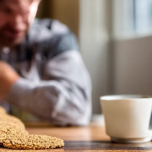 Prompt: Man mopping up spills on the table using digestive biscuits