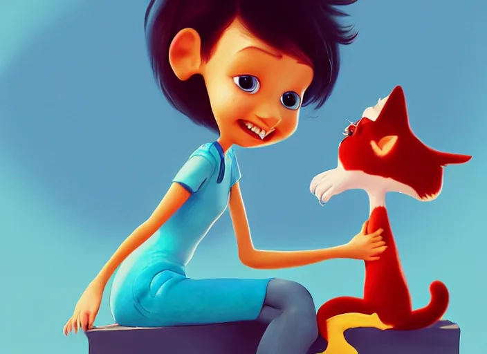 Image similar to pixar cartoon character of a tomboy girl being happy with a cat. style by petros afshar, christopher balaskas, goro fujita, and rolf armstrong.