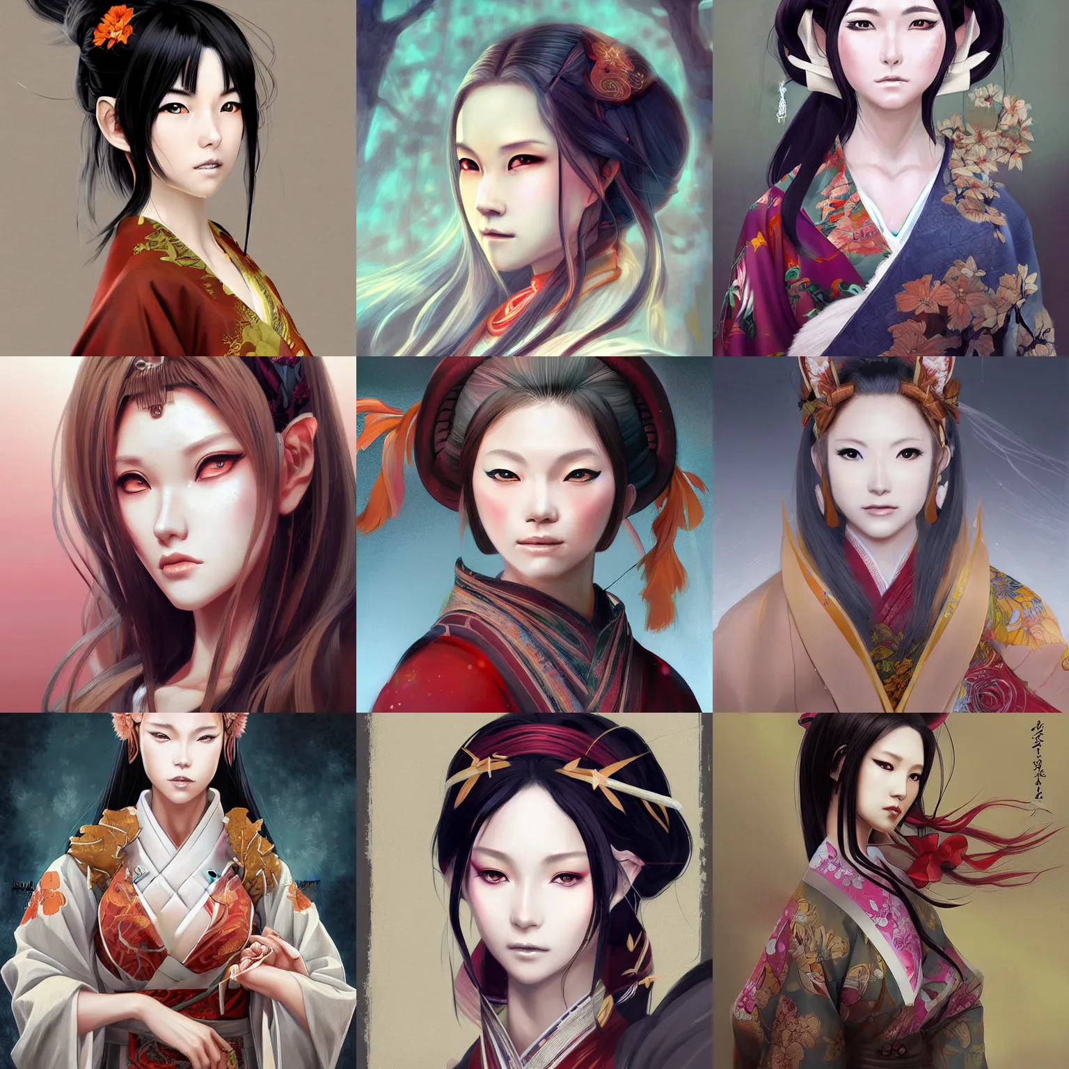 Prompt: A realistic anime portrait of a beautiful kitsune woman with a human face wearing a kimono, from Skyrim, digital painting, by Stanley Artgerm Lau, WLOP, and Rossdraws, digtial painting, trending on ArtStation, deviantart