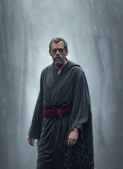 Image similar to hugh laurie as obi vam kenobi, long sleeve, confident, fog, rain, volumetric lighting, sharp focus, ultra detailed, cgsociety by leesha hannigan, ross tran, thierry doizon, kai carpenter, ignacio fernandez rios, noir art house,