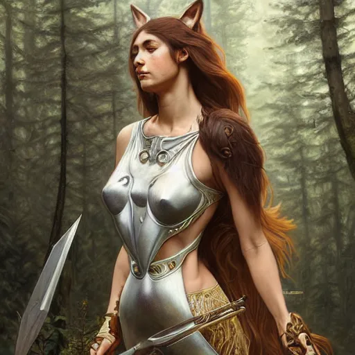 Image similar to long shot photo of a humanoid female she - wolf with wolf head were a heroic dress an armour in the forest, long hair, highly detailed, digital painting, artstation, smooth, sharp focus, illustration, art by artgerm and greg rutkowski and alphonse mucha