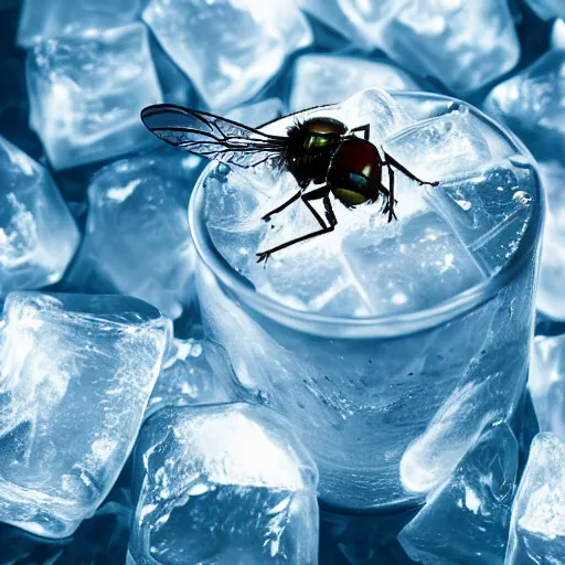 Prompt: a fly floating in a drink with ice cubes, ultra high quality