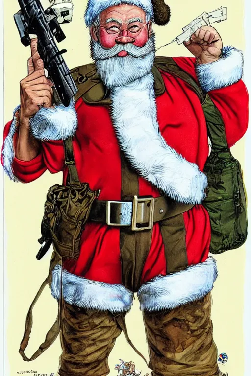 Image similar to concept of Santa Claus holding a M61 Vulcan and wearing an army harness vest full of pouches, by Geof Darrow and Simon Bisley, detailed, full body