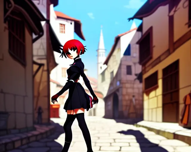 Image similar to anime still frame portrait of a young female walking through a busy medieval village, dynamic pose, dynamic perspective, detailed silhouette, cel shaded anime, ilya kuvshinov