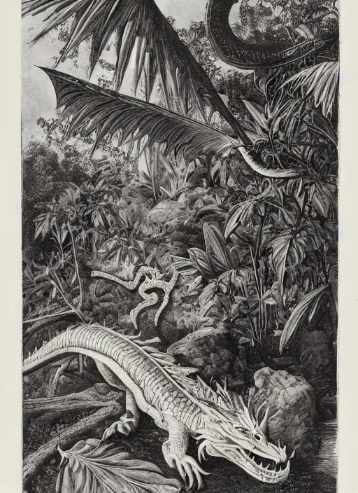 Image similar to dragon in a tropical forest, john james audubon, ernst haeckel, intaglio, sharp focus