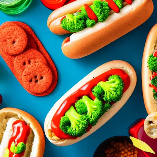 Prompt: photo shoot portrait of a delicious hot dog with broccoli, mustard, ketchup, orio cookies, uhd, detailed, 8k,
