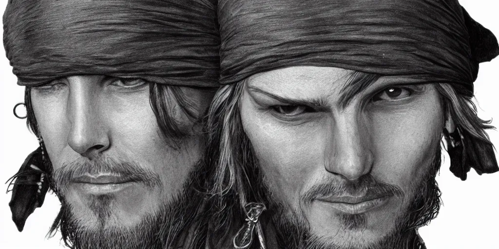 Prompt: realistic portrait of a handsome pirate, 1450, ink, ultra realistic, 8k