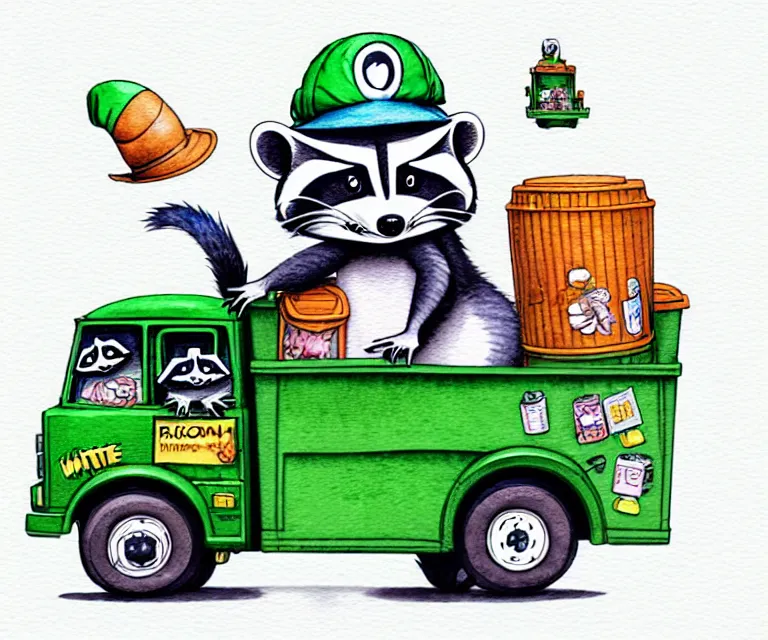 Image similar to cute and funny, racoon wearing a hat riding in a tiny garbage truck, ratfink style by ed roth, centered award winning watercolor pen illustration, isometric illustration by chihiro iwasaki, edited by range murata, tiny details by artgerm and watercolor girl, symmetrically isometrically centered, sharply focused