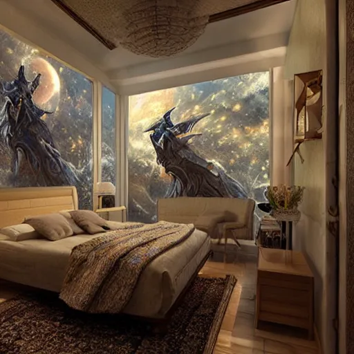 Image similar to a cozy bedroom interior with wall murals of incredible fantasy space art, detailed, high resolution, wow!, intricate, volumetric lighting, raytracing