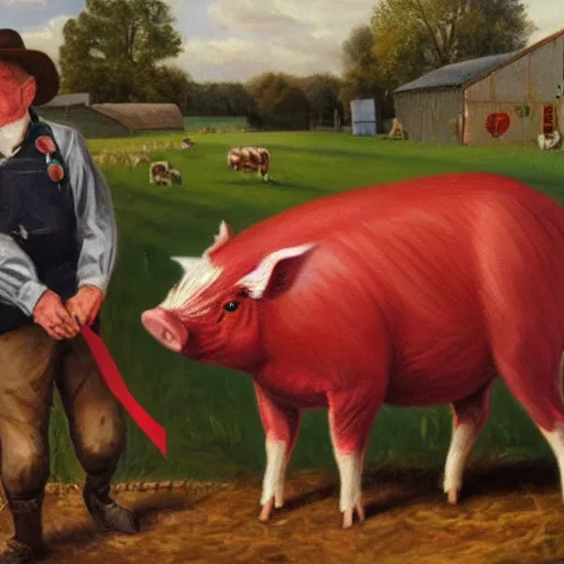 Image similar to a proud englishman farmer showing off his prized red ribbon hog at the county fair, oil painting