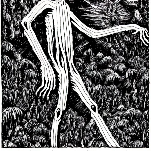 Image similar to a wendigo drawn by junji ito, horrifying, creepy,