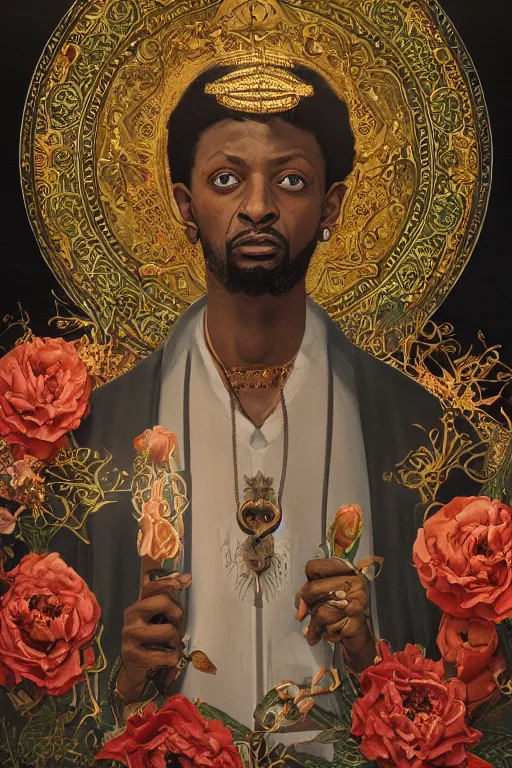 Image similar to breathtaking detailed concept art painting of 2 1 savage, orthodox saint, with anxious, piercing eyes, ornate background, amalgamation of leaves and flowers, by hsiao - ron cheng, extremely moody lighting, 8 k