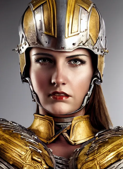 Prompt: close - up portrait of beautiful young woman dressed gladiator with metallic armor, art by uwe ommer