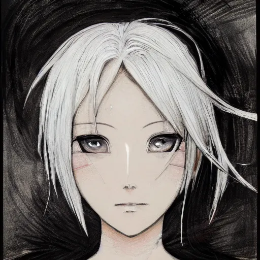 Prompt: Highly detailed Renaissance oil portrait in three quarter angle of an anime girl with white hair and black eyes wearing office suit in the style of Yoshitaka Amano drawn with expressive brush strokes, abstract floral black and white background, film grain effect