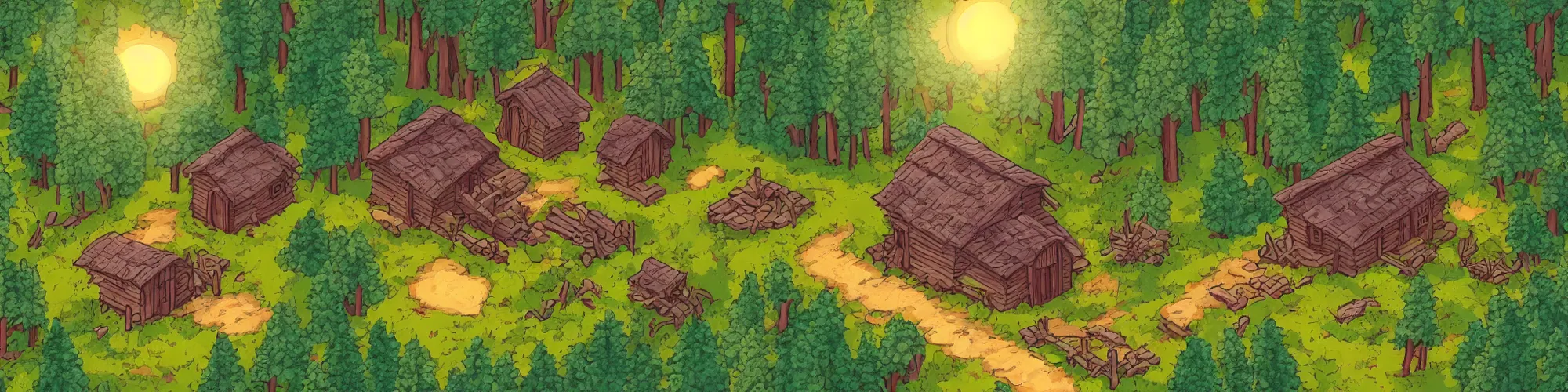 Image similar to isometric painting of ancient forest with mystical cozy cabin highlighted by sun