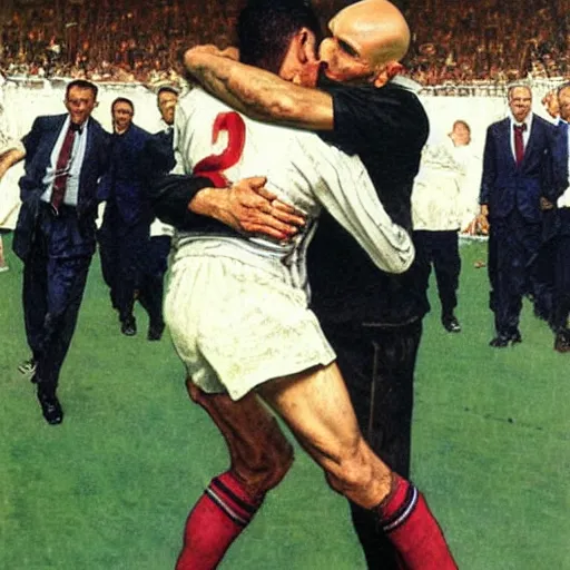 Prompt: benjamin netanyahu headbutting zinedine zidane on a football field, by norman rockwell, highly detailed