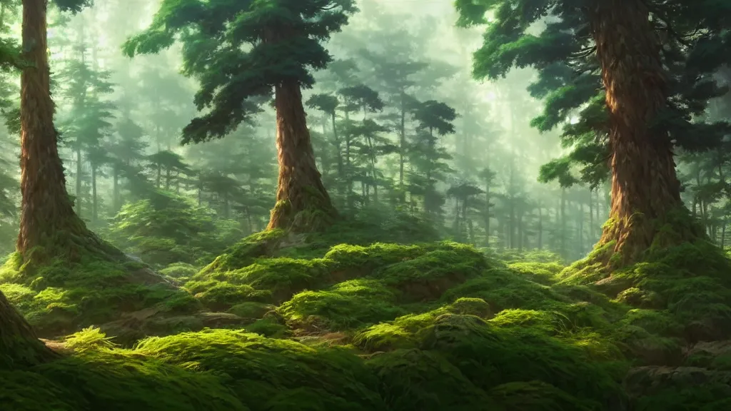 Image similar to forest clearing landscape, studio ghibli, pixar and disney animation, sharp, rendered in unreal engine 5, highly detailed, digital painting, artstation, concept art, smooth, sharp focus, illustration, wide angle, artbook, wallpaper, splash art, promo art, dramatic lighting, art by artgerm and greg rutkowski and bo chen and jin xiaodi