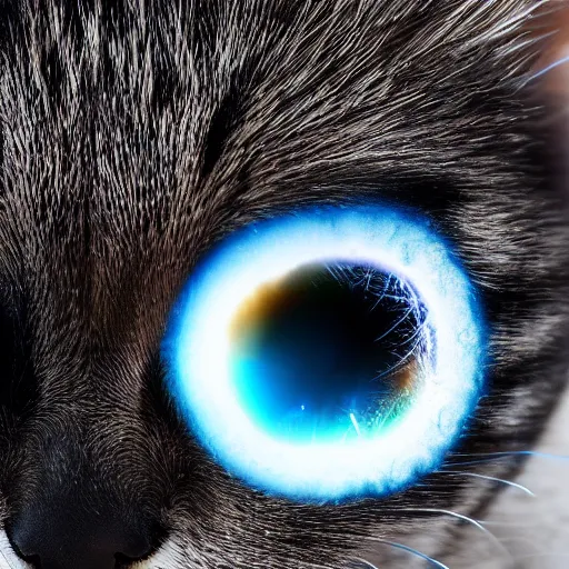 Prompt: ultra realistic nebula explosion in the eye of a cat