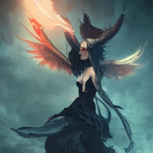 Image similar to a photo of an attractive succubi with dragon like wings clothed by greg rutkowski, sung choi, mitchell mohrhauser, maciej kuciara, johnson ting, maxim verehin, peter konig, 8 k photorealistic, cinematic lighting, hd, high details, dramatic, dark atmosphere, trending on artstation