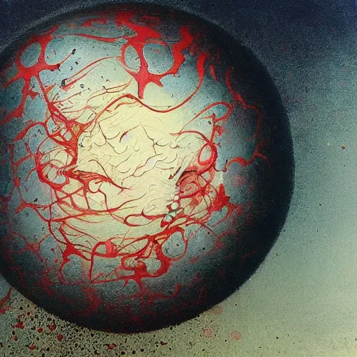 Image similar to a sphere being devoured by abstract splatters of white paint in the style of francis bacon, face being engulfed in flames in the style of james jean, surreal, beksinski, high detailed