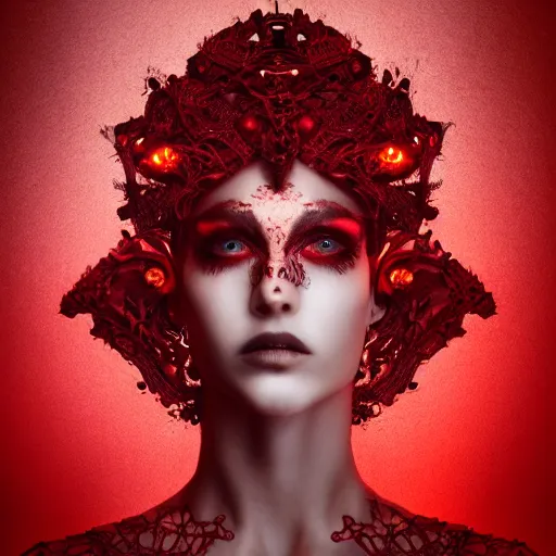 Image similar to a female model by stefan geselle and nekro borja, photorealistic, cyberpunk, intricate details, hyper realistic, red lace headpiece, dark beauty, photorealistic, canon r 3, photography, wide shot, photography, dark beauty, symmetrical features