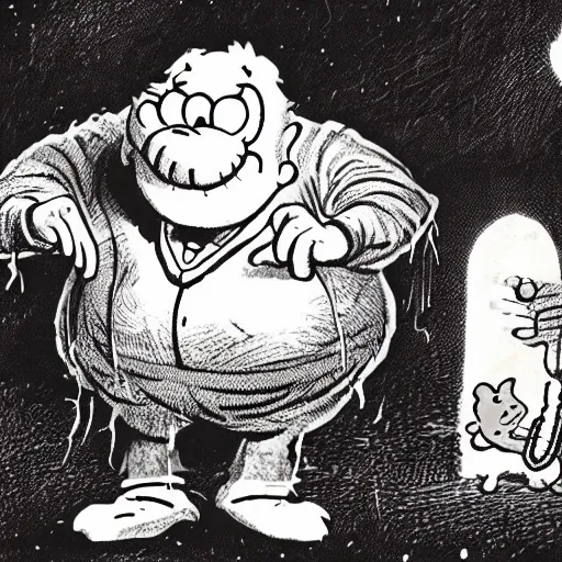 Prompt: Jim Davis' Garfield in Scary Stories to Tell in The Dark