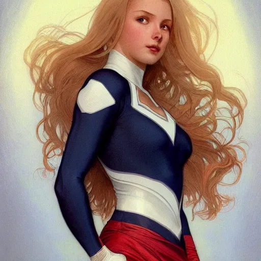 Prompt: a beautiful portrait of a beautiful cute young superhero woman, blonde hair, tight solid matte navy - blue lycra bodysuit, white cape, intricate, elegant, 8 k, highly detailed, digital painting, concept art, smooth, sharp focus, illustration, by artgerm greg rutkowski alphonse mucha loish wlop