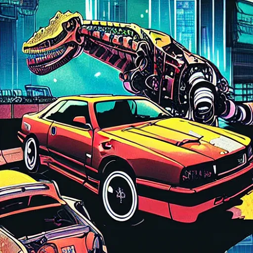 Prompt: beautiful hyper-detailed full colour comic illustration of a giant titan mecha dinosaur chewing a nissan skyline r34, cyberpunk, neon, car wreck, no speech bubbles