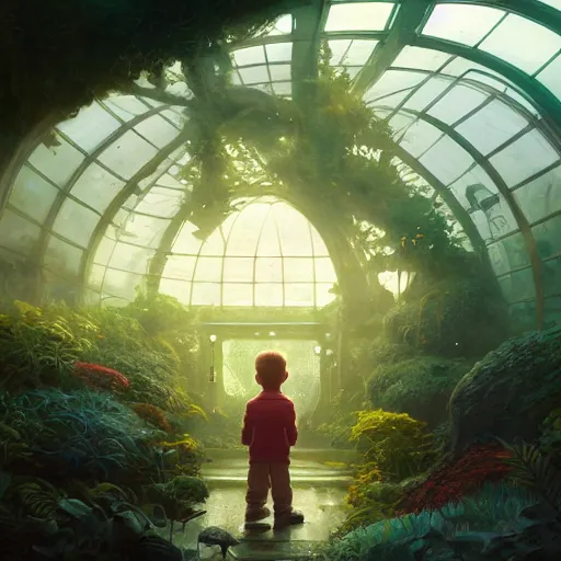 Prompt: , boy with grandma in scifi green house, spaceship, plants, stephen bliss, misty, unreal engine, pixar, fantasy art by greg rutkowski, loish, ferdinand knab, and lois van rossdraws, global illumination, radiant light, minimalist, detailed and intricate environment