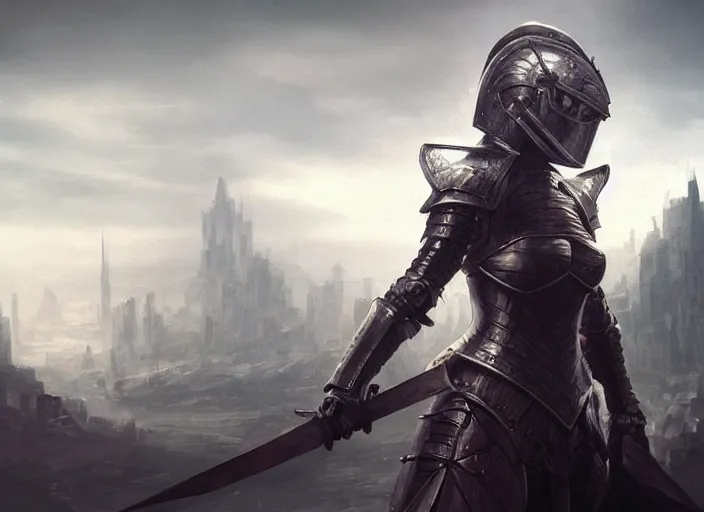 Image similar to landscape of a future city, a young english woman between the ages of 2 0 - 2 5 years, wearing armor and pointing a dagger, wearing a face full of anger. cinematic capture, dramatic condition, fine art, modern realism, sharp focus, good lighting, trending on artstation, trending on tiktok, smooth drawing, elegant, authoritative, without anomalies.