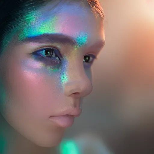 Prompt: photograph portrait of a beautiful alien, feminine, iridescent eyes, intricate detail, sigma 85mm f/1.4, 4k, depth of field