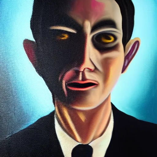 Prompt: creepy oil painting of a discord moderator with a bright light shining on him in the dark.