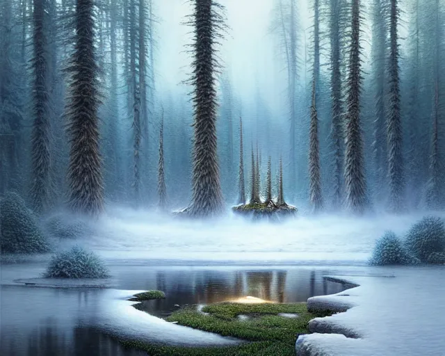 Image similar to a hyper - detailed 3 d render like an oil painting of the illusions of the taiga ecosystem, surrealism!!!!! surreal concept art, lifelike, photorealistic, digital painting, aesthetic, smooth, sharp focus, artstation hd, by greg rutkowski, bruce pennington, valentina remenar and asher duran,