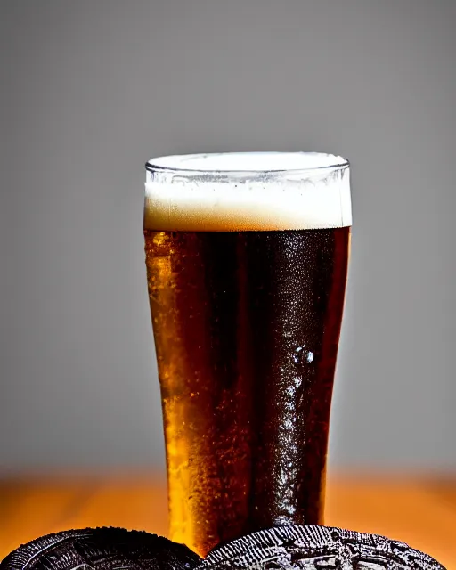 Image similar to dlsr food photograph of an oreo being dipped in beer, bokeh, studio lighting, 5 0 mm f 1. 4