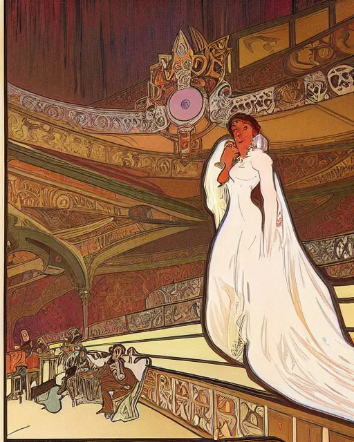 Image similar to painting alphonse mucha, interior of the opera house, view from the hall with a singer in a white dress on a lighted stage with an orchestra and audience in the hall, soft cinematic lighting, pastel color palette