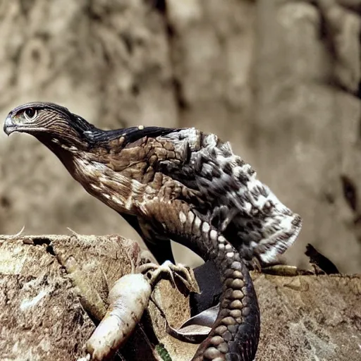 Prompt: snake and hawk morphed together, half snake half hawk, reptilian and avian features, real photo taken in zoo