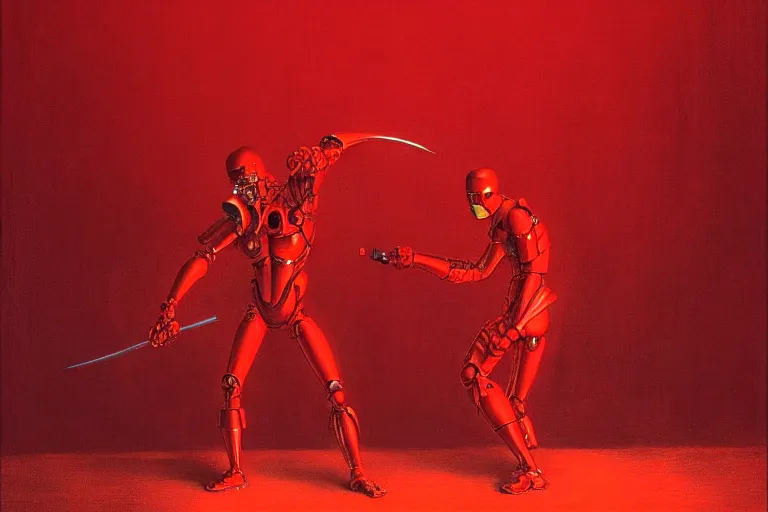 Image similar to only with red, a red cyborg samurai, tokio futuristic in background, some evil yokai fight, in the style of beksinski, parts by edward hopper, parts by rodcenko, parts by yue minjun, intricate and epic composition, red by caravaggio, insanely quality, highly detailed, masterpiece, red light, artstation, 4 k